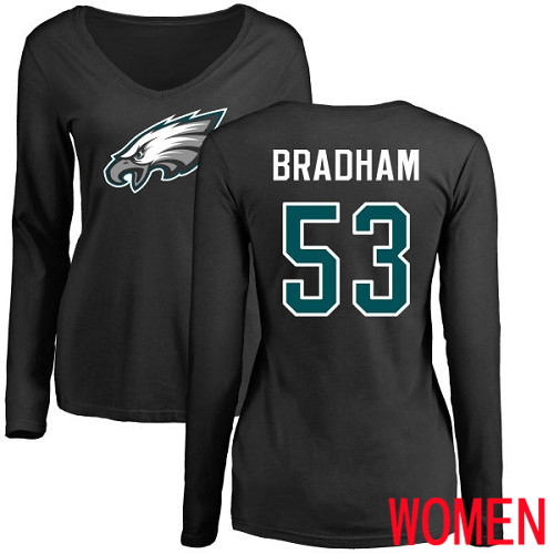 Women NFL Philadelphia Eagles #53 Nigel Bradham Black Name and Number Logo Slim Fit Long Sleeve->nfl t-shirts->Sports Accessory